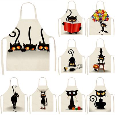 Black Cute Cat Pattern Sleeveless Kitchen Aprons Cotton Linen Bibs Household Cleaning Pinafore Home Cooking Baking Accessories