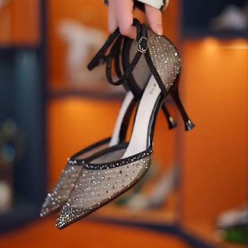 Women's Mesh High Heels Summer New Style 2026 Diamond Net Face Elegance Pointed Toe Thin Heel One-Strap Hollow Out Single Shoes