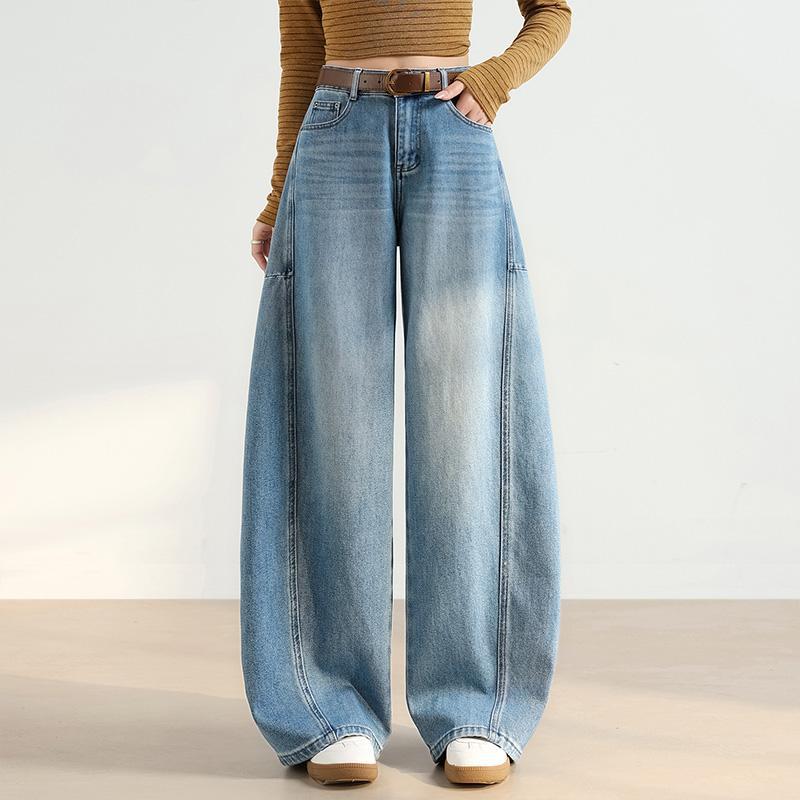 Denim scimitar pants women's summer new high waist drape loose straight small retro wide leg trousers