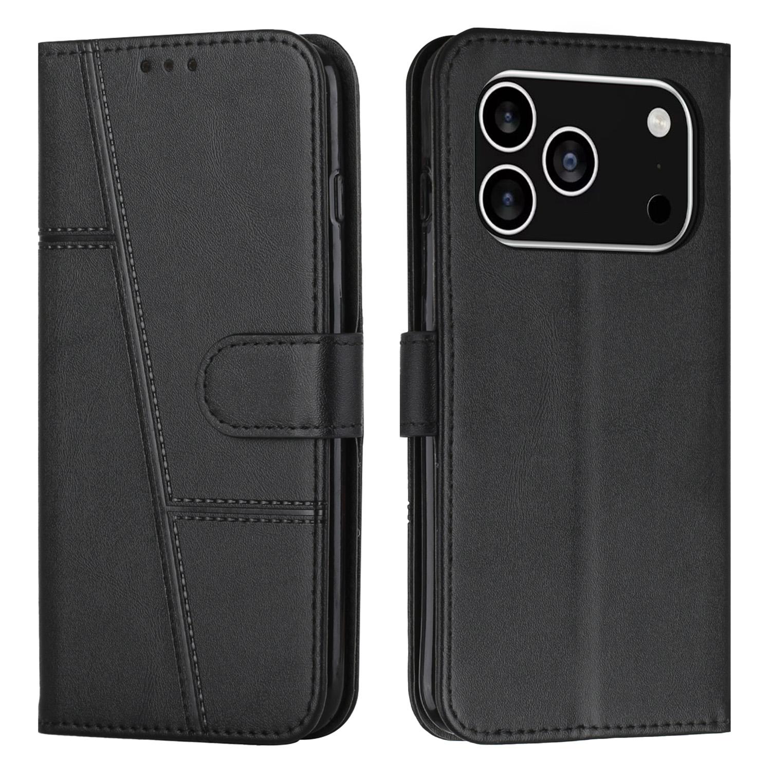 

For iPhone 17 Pro Leather Phone Case Foldable Stand Wallet Flip Cover with Strap Black