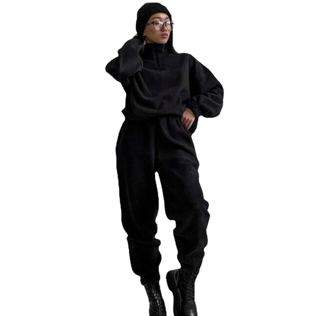 Women Fleece Loose Long Sleeve Sweatshirt Trousers Two Pieces Set Winter Fashion Warm Red White Black