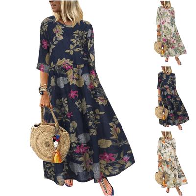 Women's Summer Round Neck 3/4 Sleeve A-Line Skirt Medium Length Printed Loose Dress
