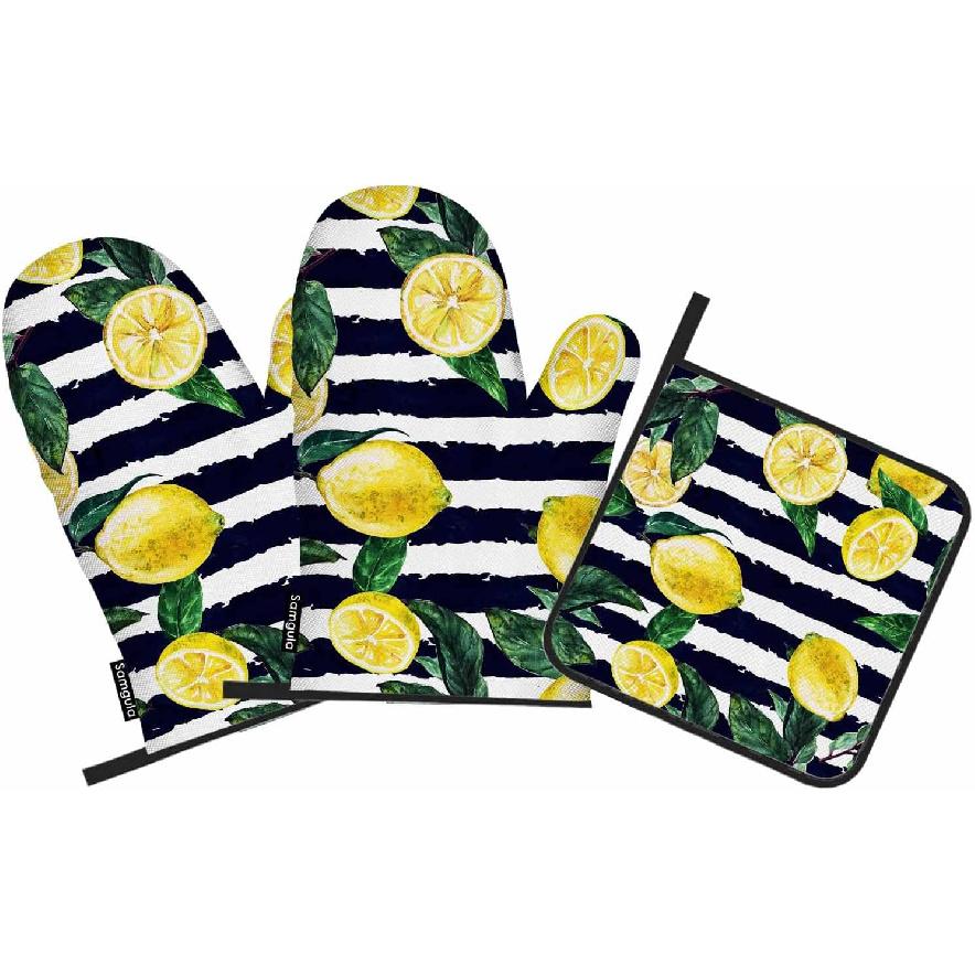 Vintage Flower Oven Mitts and Pot Holders Sets Rose Leaf Branch Spring Nature Heat Resistant 3pcs for Cooking Baking BBQ