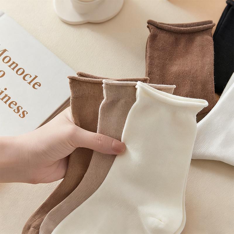 Women's Pure Cotton Mid-Calf Cuffed Socks - Loose-Mouth, Breathable, Soft, Versatile for Spring & Autumn