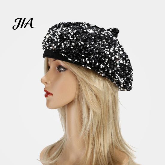 Sophisticated Daily Accessory Women Sequined Beret Hat, Sparkly Retro Artist Cap, Stylish Outdoor Fashion Headgear Adjustable Painter Cap for