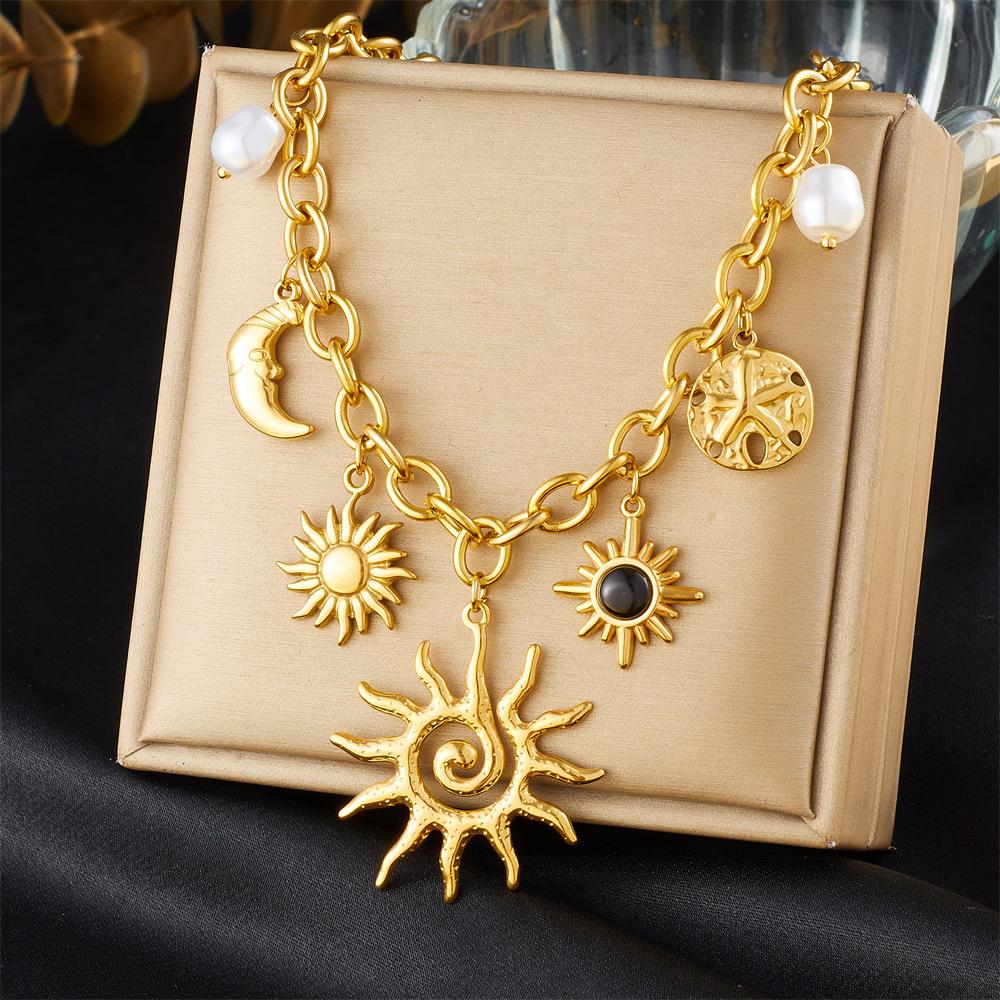 18K Gold Plated Sun & Moon Charm Necklace, Celestial Starfish & Pearl Pendant, Boho Stainless Steel Jewelry