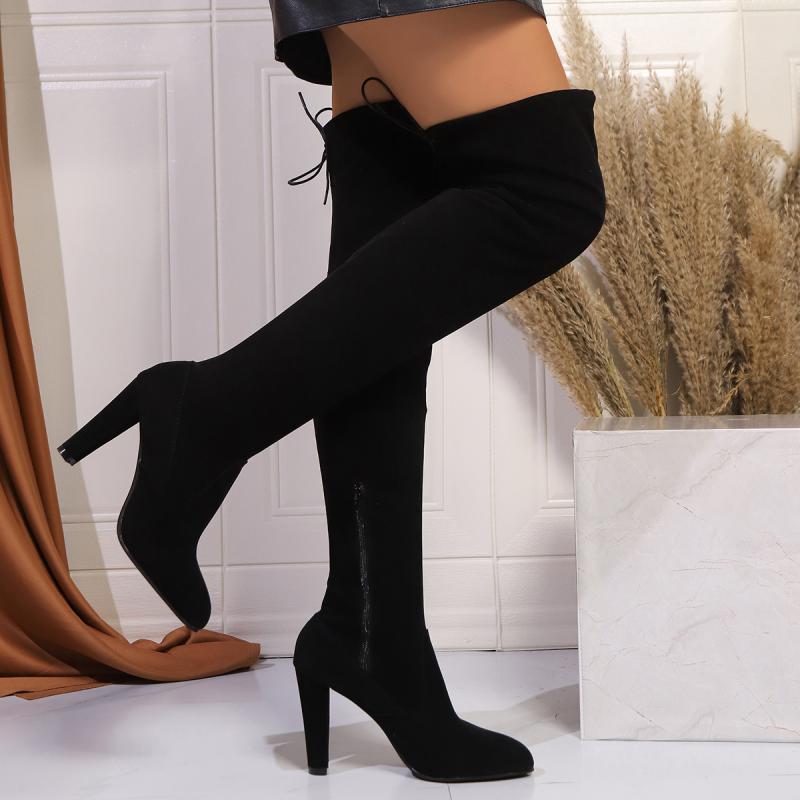 Fashion Luxury Designer Side Zipper Over The Knee Boots Sexy Pointed Toe Suede Super High Heel Riding Boots Solid Black Shoes Women
