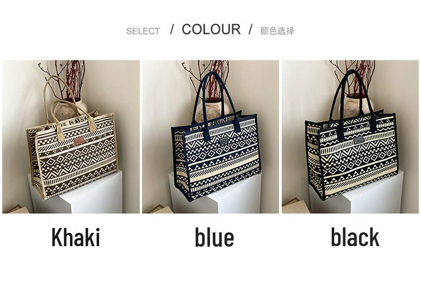Ethnic Geometric Canvas Tote: Large Capacity, Versatile Shoulder Bag for Commuting and Moms