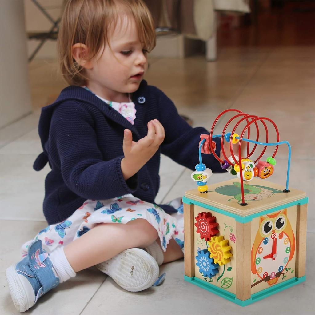 Toys of Wood Oxford Wooden Activity Cube, Motor Skills Cube, Wooden Labyrinth Toy, Loop with Beads, for Babies, Large