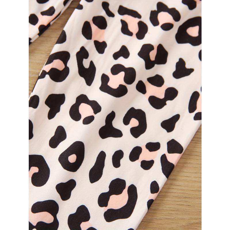 Two-Piece Girls' Casual Leopard Print Set with Heart Pattern - Brown White Long Sleeve Top Pants, Perfect for Fall/Winter