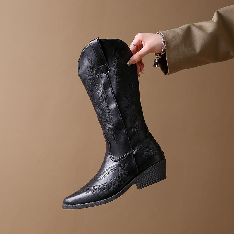 Fashion New Autumn and Winter Fashion Style Embroidered Western Cowboy Boots Pointy-tipped Medium Thick-heeled Biker Boots Zapatos Mujer
