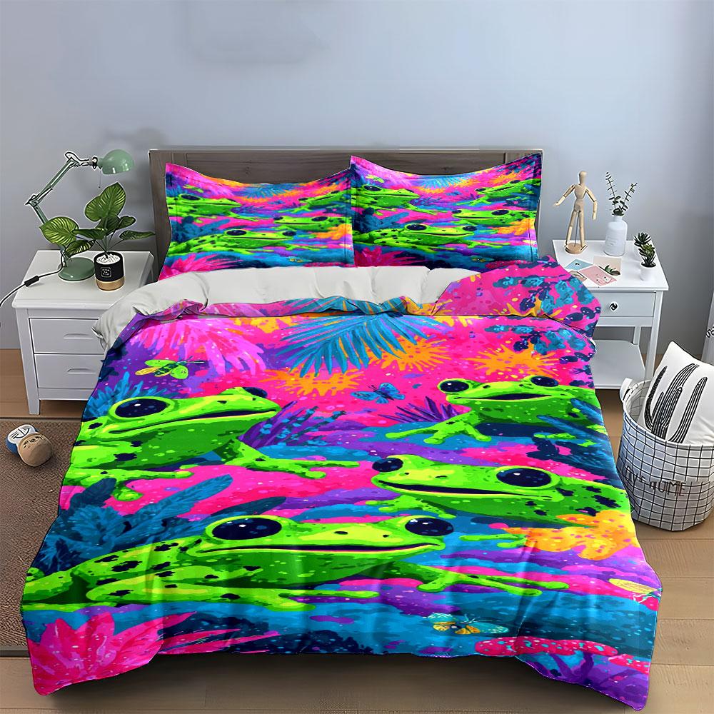Bright Green Frogs, Foliage. Bedding Sets Duvet Cover Sets Duvet Covers Pillowcases(1 * Duvet Cover 2 * Pillowcases, Without Duvet Insert)