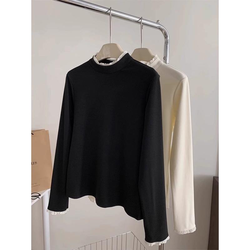 2025 French Lace Semi-High Neck Long Sleeve Shirt for Women - Autumn/Winter Style