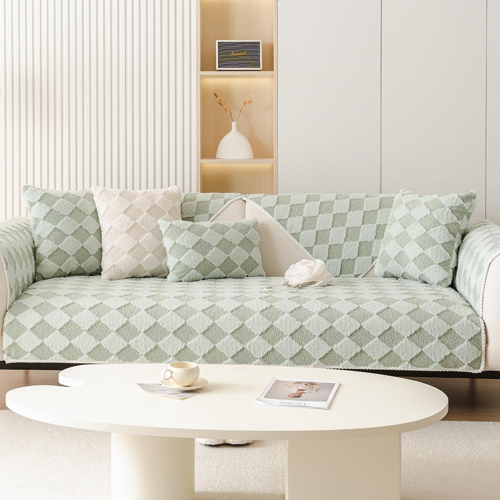 

Plaid Rabbit Plush Sofa Cushion Winter Thickened Non-Slip Warm Cushions Sofa Armrests Gloves Dust Colour Blocking Back Cover 70x70