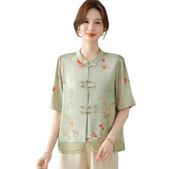 

2026 Trendy Spring Chiffon Blouse: Stylish Seven-Sleeve Top for Middle-Aged & Elderly Women XL зелёный