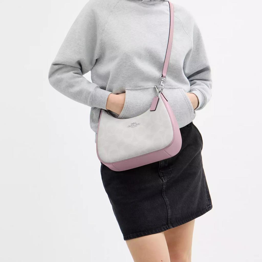Coach Borsa a Spalla Hobo in Tela Bianca Signature con Bordi in Pelle Rosa e Ferramenta Argentata per Uso Quotidiano