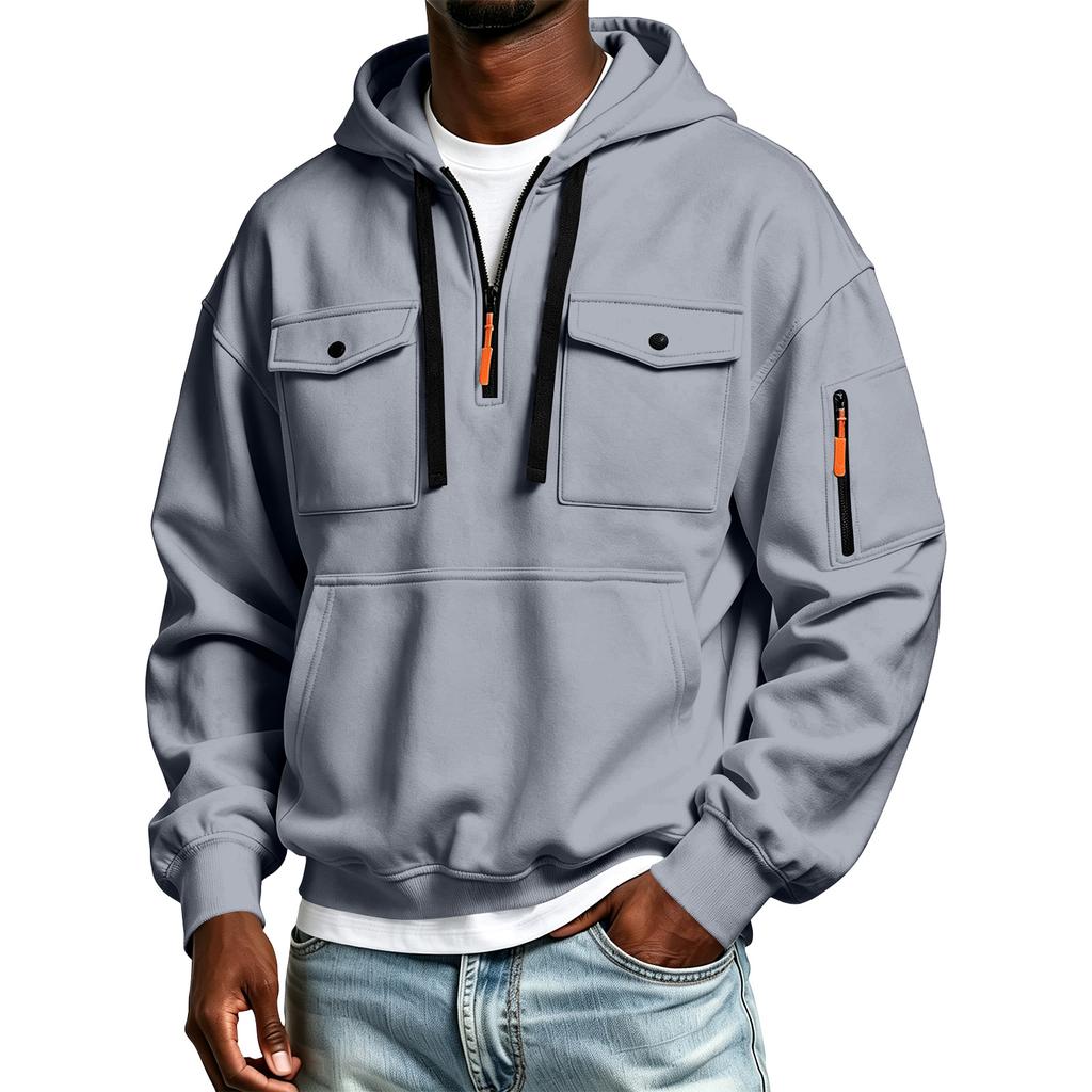 Herren-Farbiger Kapuzenpullover mit halbem Reißverschluss und Ärmeltasche