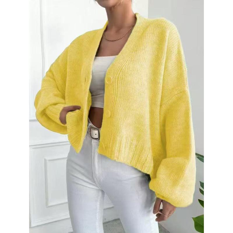 Autumn Winter V-neck Single Breasted Knitting Outwear Women Loose Casual Solid Color Cardigan Coat Sweater Top