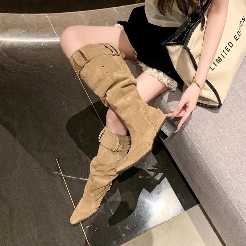 Women's Long Summer 2025 New Large Tube High Pointed Toe Thick Heel Western Cowboy Knight over Knee Boot