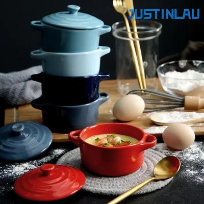  Kitchen Double Ear Bowl Ceramic Glazed Baking Bowl with Lid Home Breakfast Steamed Egg Pudding Bowl Soup Bowls