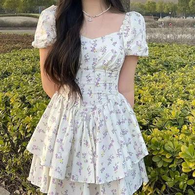 Summer New Gentle Stylish Dress Waist Slim Effect Featuring Single Neckline Bubble Sleeves Fluffy Princess Floral