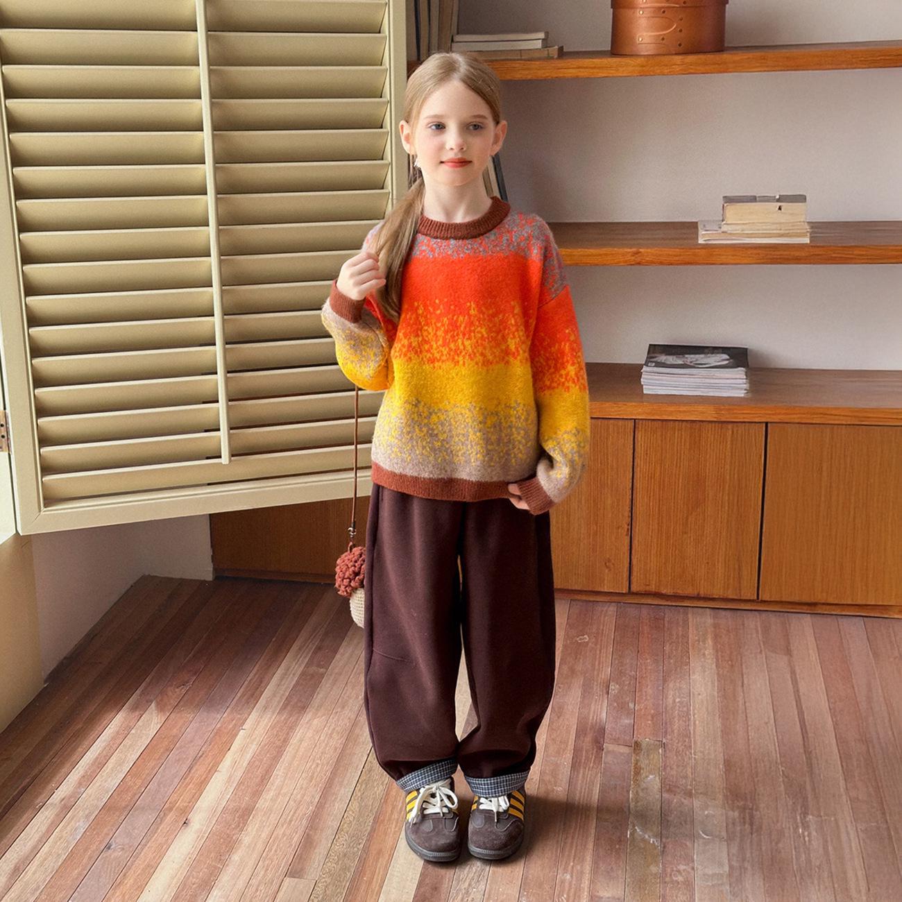 

Yuchen 2025 Winter Girls Plaid Fleece-Lined Pants - Kids Casual Patchwork Long Pants 110cm коричневий