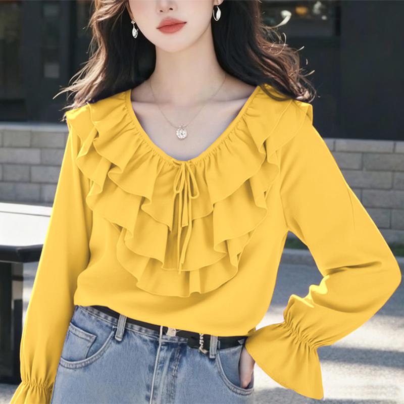 ZANZEA Dámská volná ležérní halenka s volánky, výstřihem do V a dlouhým rukávem