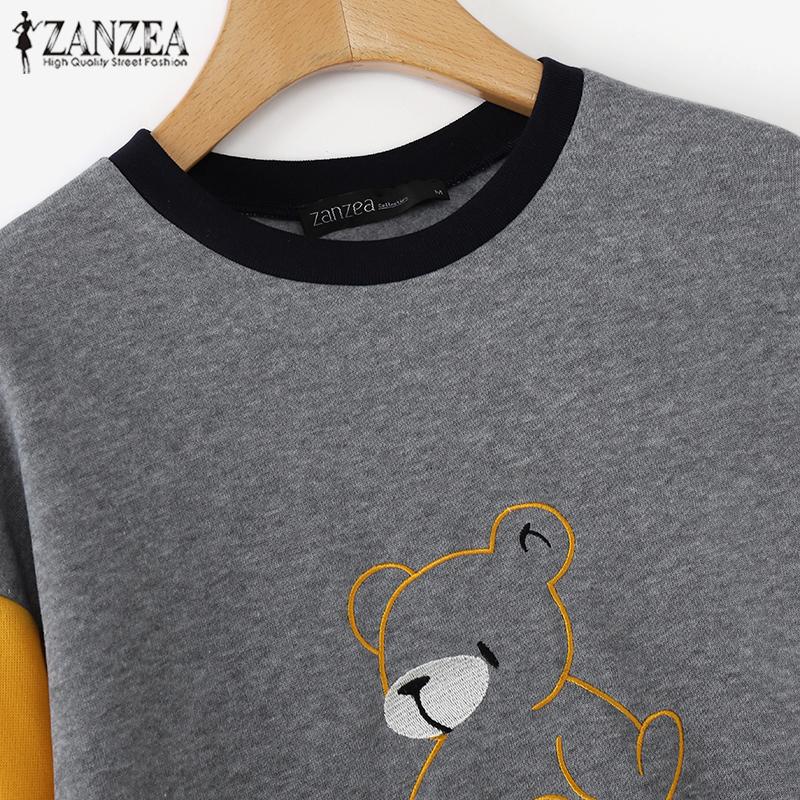 ZANZEA Dámské podzimní mikiny s kulatým výstřihem a dlouhým rukávem s potiskem medvěda v kontrastních barvách