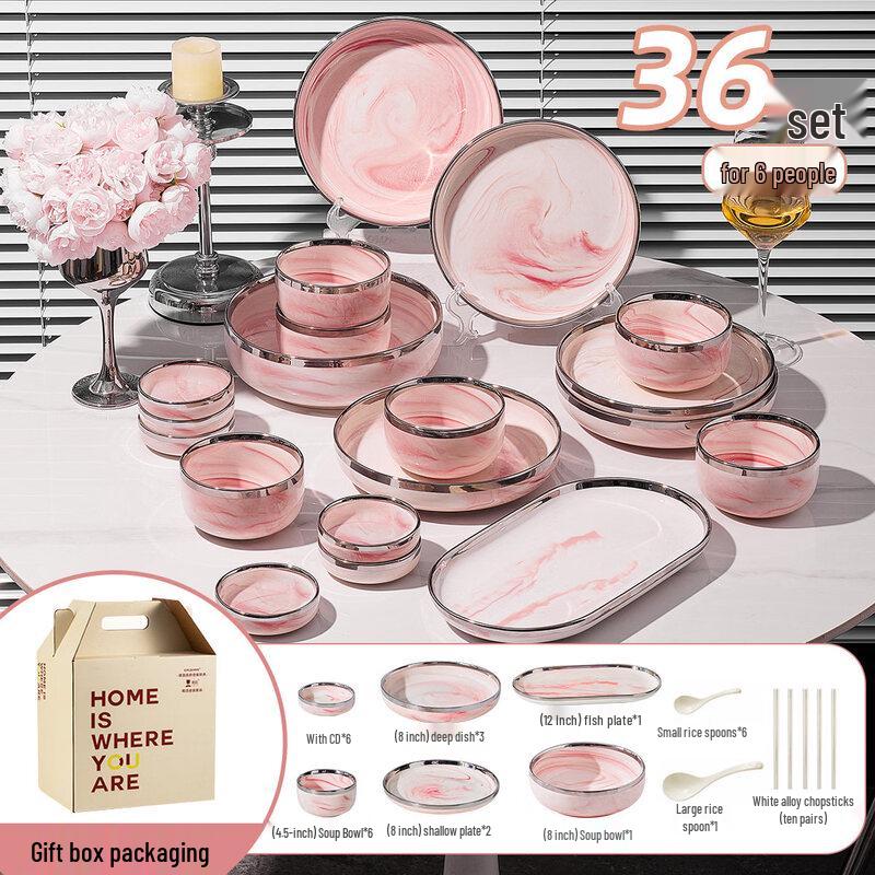 Pink Marble Ceramic Dinnerware Set - 36 Pieces for 6