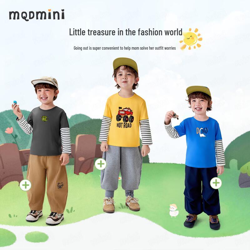MQDMINI Boys' Cartoon Long-Sleeve Faux Two-Piece T-Shirt