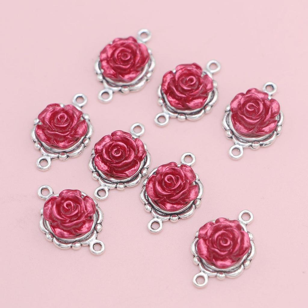 8Pcs Silver Color Red Rose Flower Charm Connectors For Jewelry Making Bracelet Accessories Diy Craft