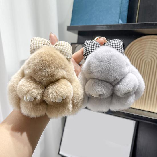 Plush Bowknot Bunny Keychain Fuzzy Faux Fur Rabbit Animal Doll Key Ring Holder DIY Handbag Pendant Backpack Decoration Kids Adults Birthday Gift