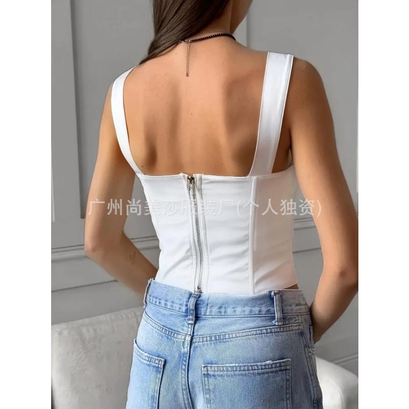 Top Corto Corsetto Bianco da Donna con Scollo Quadrato Bustier Strutturato Spalline Sottili