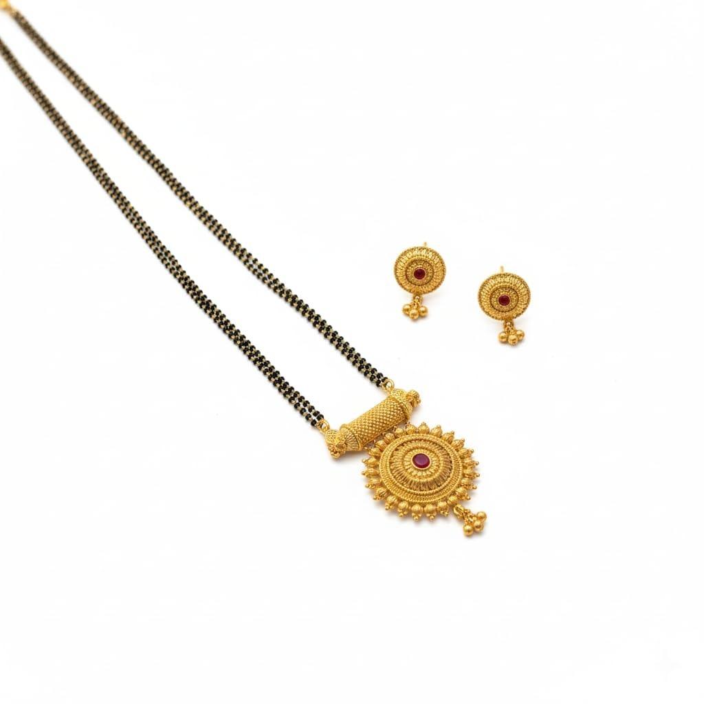 

Traditional Maharashtrian Mangalsutra with Round Pendant & Earrings | Gold Plated Black Bead Long Chain 24 INCH- 2 LINE