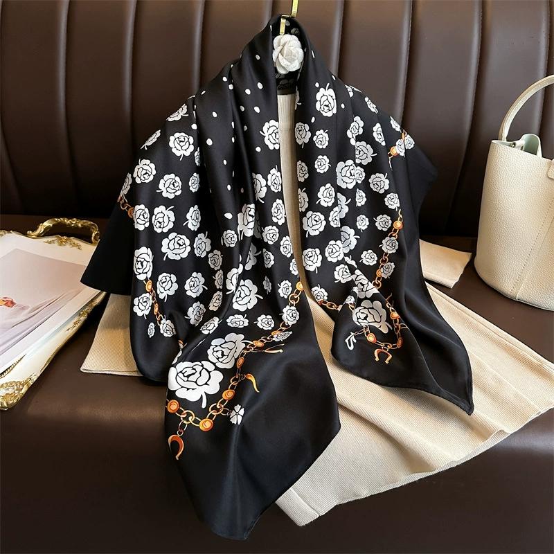 90X90Cm Retro Floral Print Handkerchief Scarf For Women Small Shawl Square Headband Bandana Head Scarves