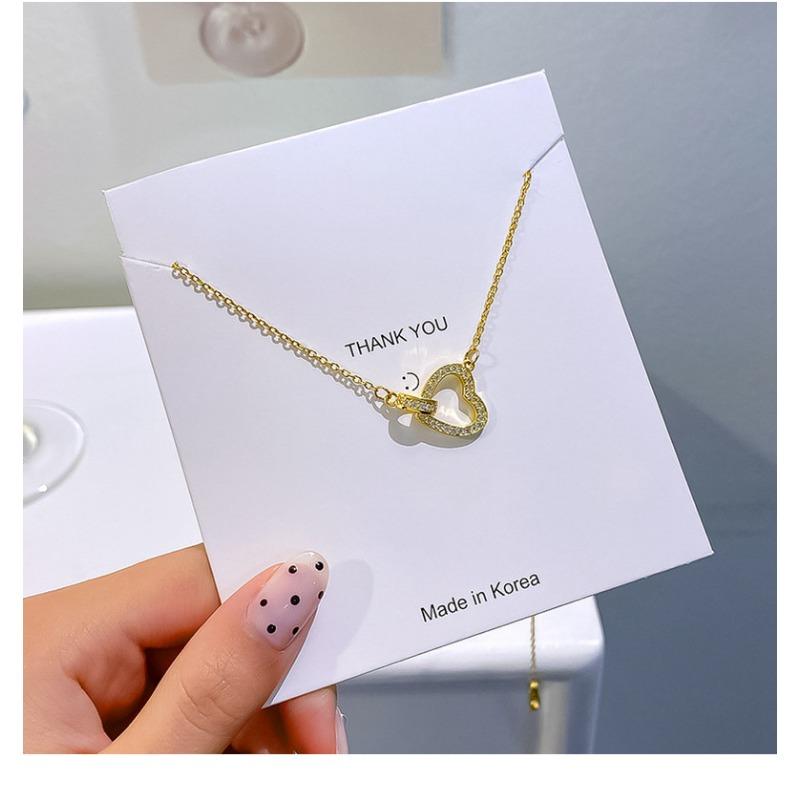 Korean Japanese Style Rhinestone Heart Double Ring Titanium Steel Clavicle Necklace For Women