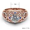 Luxury Rose Gold Lady'S Ring With Hollow Floral Zircon Blue Gemstone Jewelry
