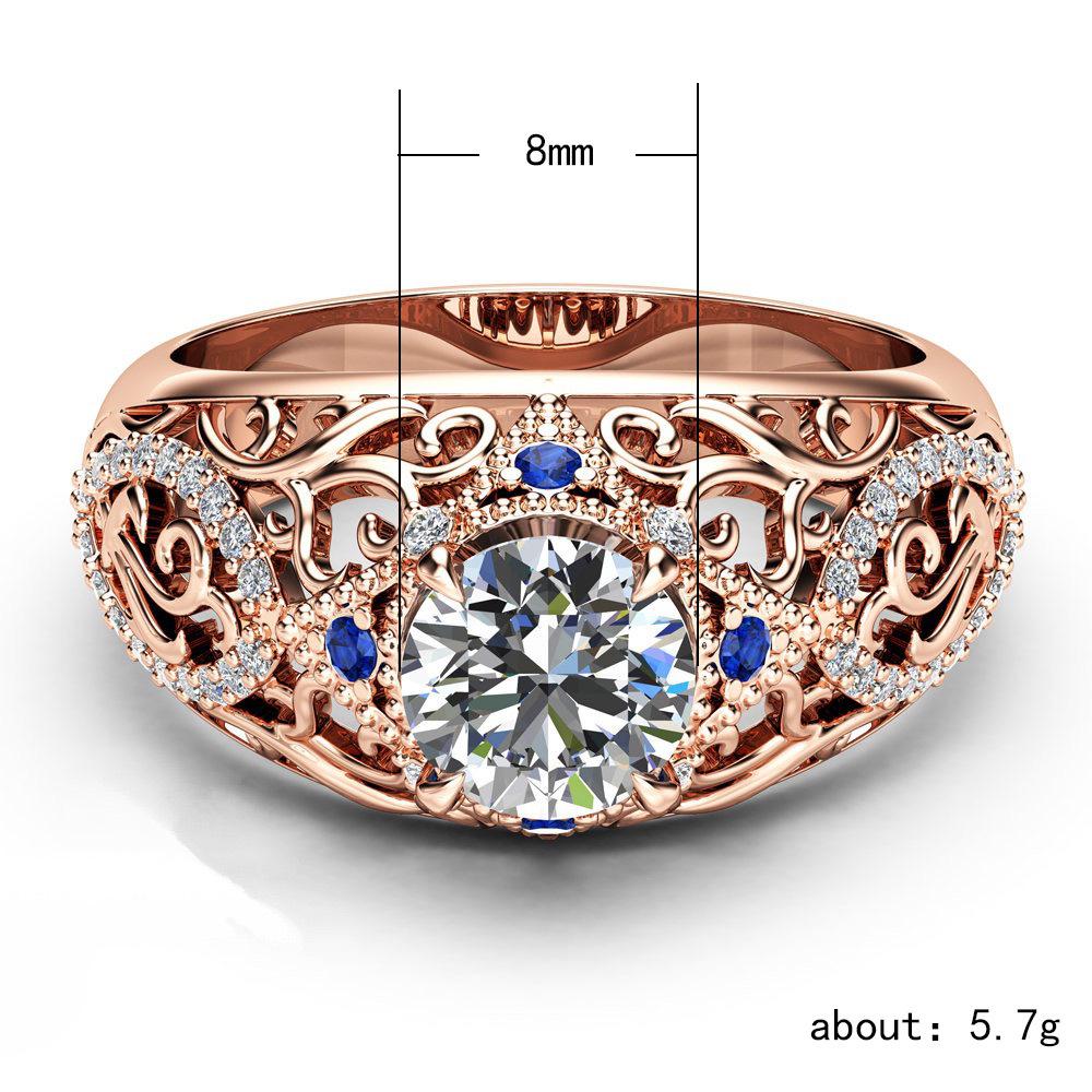 Luxury Rose Gold Lady'S Ring With Hollow Floral Zircon Blue Gemstone Jewelry