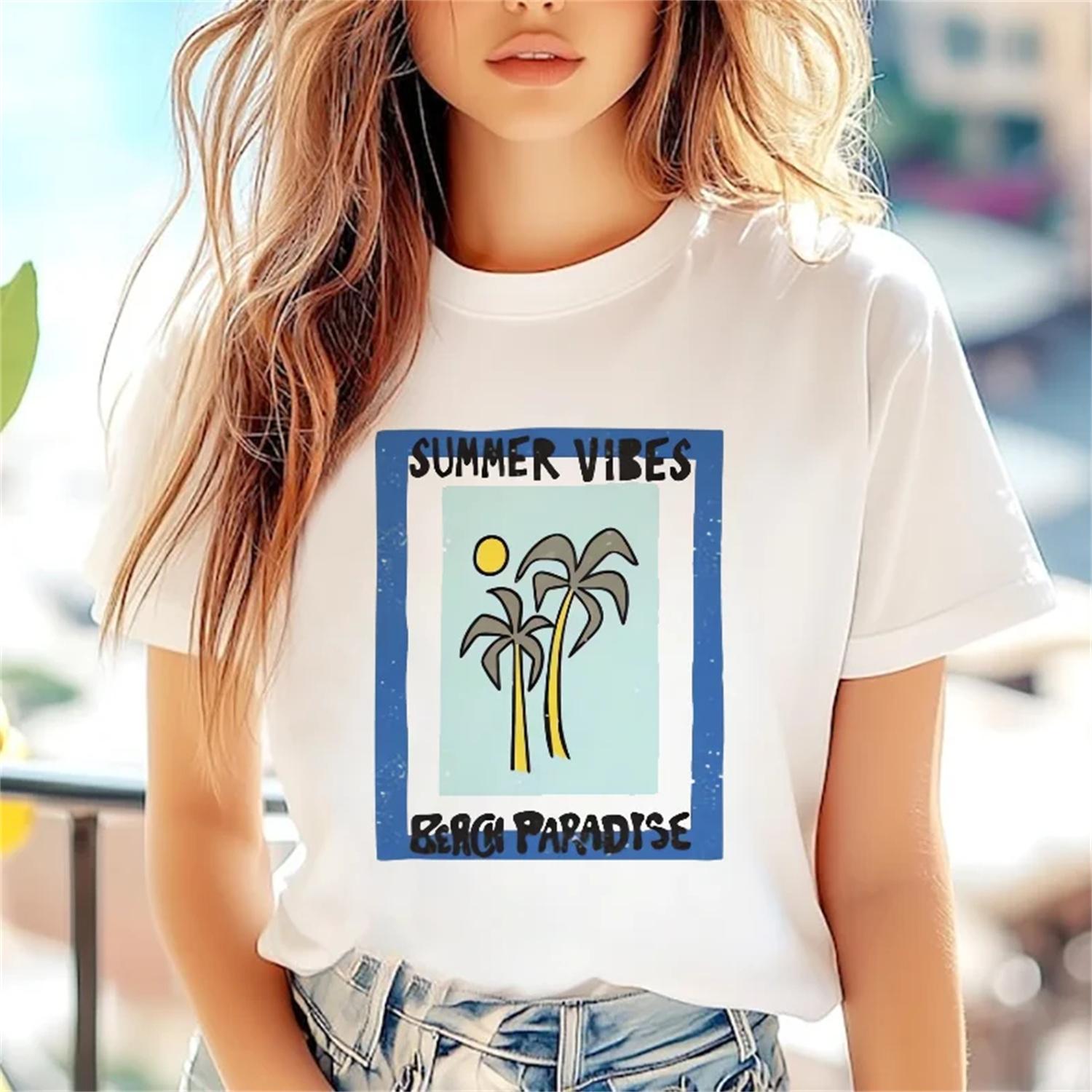 

Printed Pattern Beach T-Shirt Short Sleeved 90s Top Summer Women Kawaii Street Round Neck Casual Vacation Popular T-Shirt XXXXXL білий
