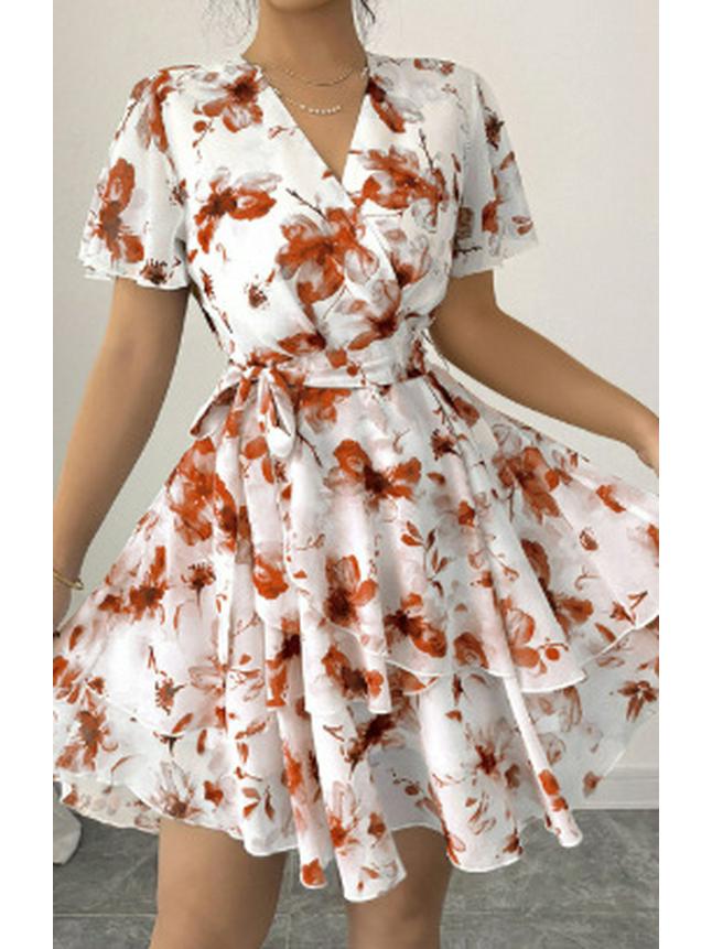 Elegant Floral Ruffled V-Neck Summer Dress - Women's Retro Holiday Style
