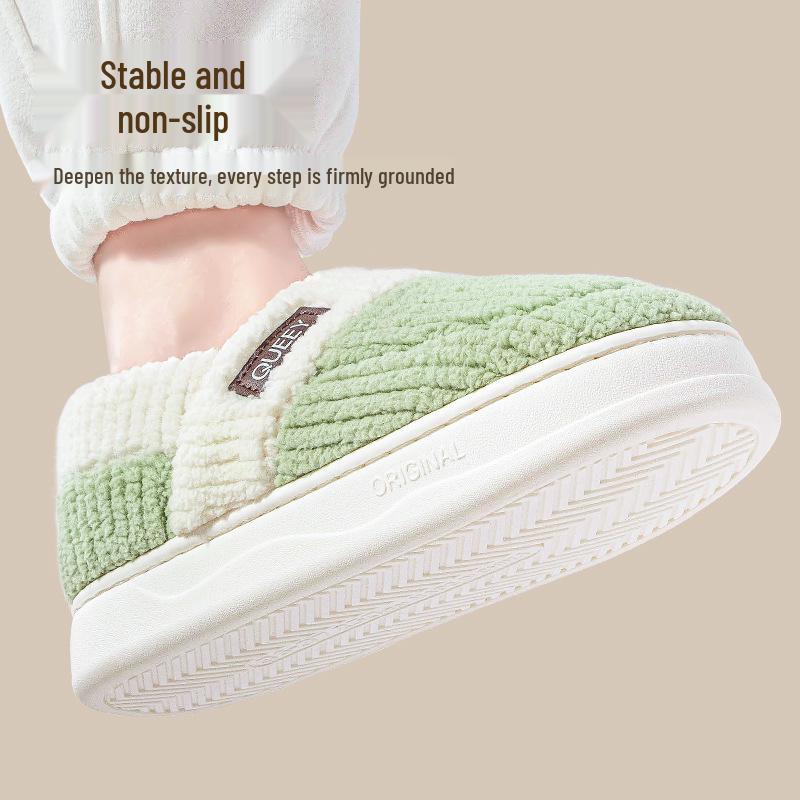 Thick-Soled Men's and Women's Fuzzy Indoor-Outdoor Slippers Warm Cotton Velvet Heeled Footwear