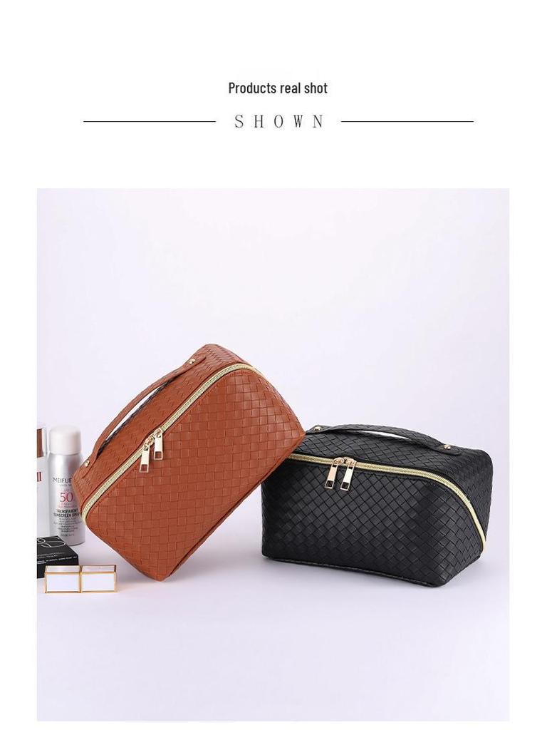 Reise-Make-up- und Toilettenartikeltasche mit gewebter Lederstruktur - Tragbar, Großes Fassungsvermögen, Hochwertiger Organizer