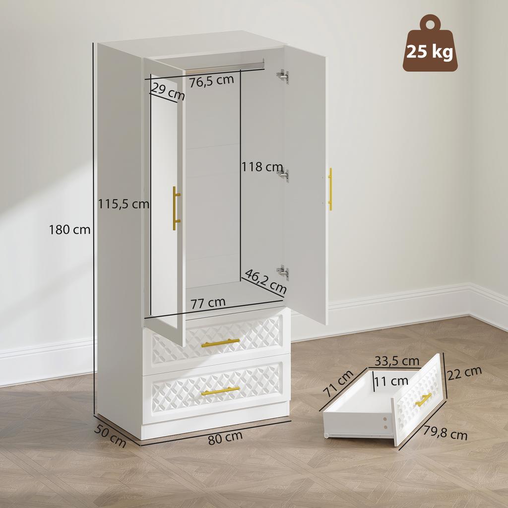 Bedroom Wardrobe with Mirror, 2 Drawers, 2 Doors, Hanging Rail, 80 x 50 x 180 cm, White