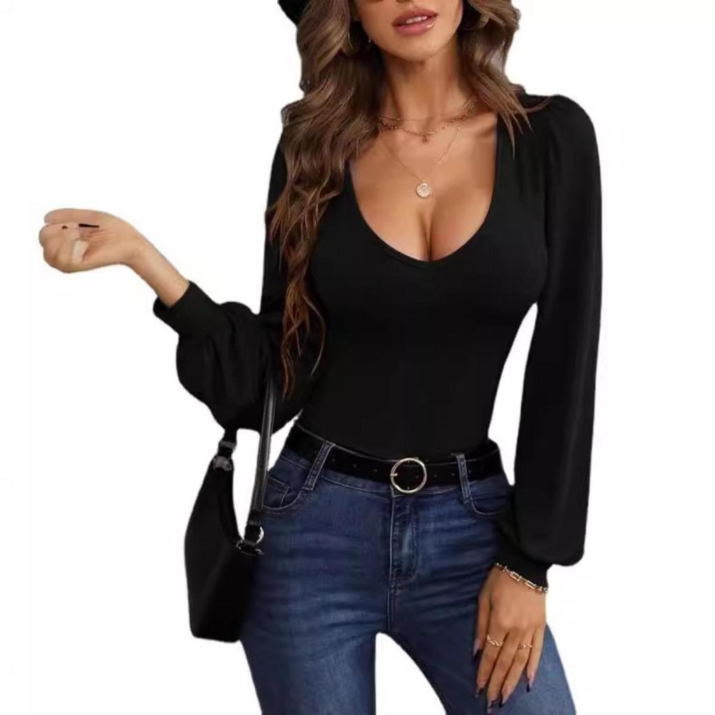 New Women's Slim Fit Knitted Sweater with Low Neckline, Lantern Sleeves for Autumn JOOM