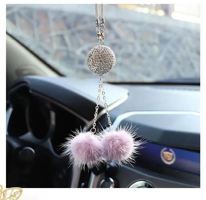 Pendentif créatif en forme de cœur pêche pour rétroviseur, boule de cristal et de diamant, style pompon, décoration de voiture