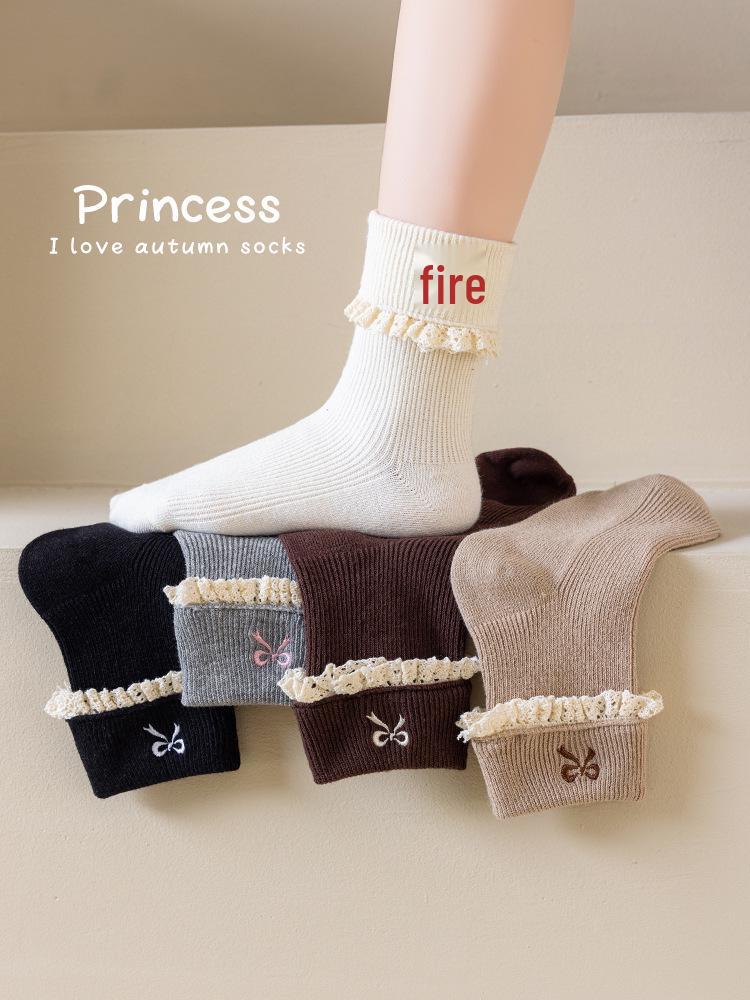 Girls' Cotton Mid-Calf Socks with Sweet Bowknot - Korean Style Lace Princess for Autumn and Spring