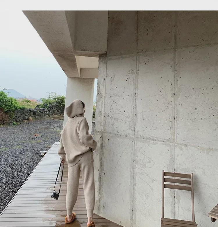 Women's Fashion Knitted Suit: Loose Hooded Sweater & Carrot Leg Pants for Autumn/Winter 2023