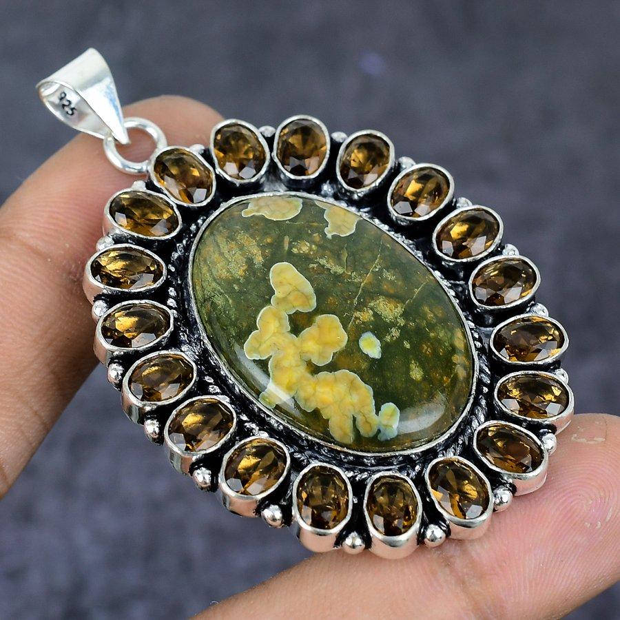 Natural Ocean Jasper Gemstone 925 Sterling Silver Jewelry Pendant 2.56" ETC-13767