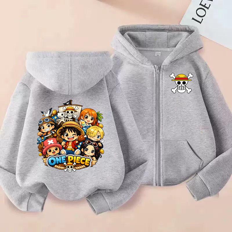 Cartoon Printed Clothing, One Piece Anime Hooded and Zippered Sweater, Long Sleeve Luffy Hooded Sweater for Kids