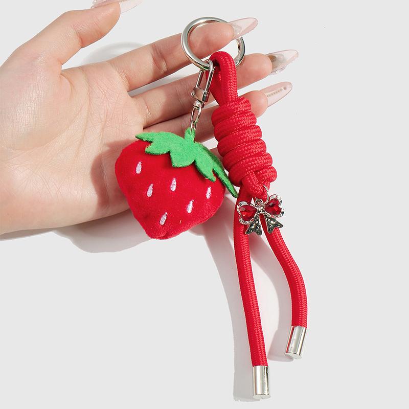 Korean Simulation Plush Strawberry Keychain Little Fresh Sweet Red Bow Keyring Pendant Bag Ornament Car Key Holder For Girl Gift
